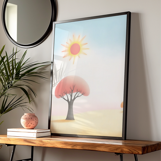 Nursery Wall Art Sun and Tree Print, Pastel Kids Room Poster, Soft Boho Baby Decor