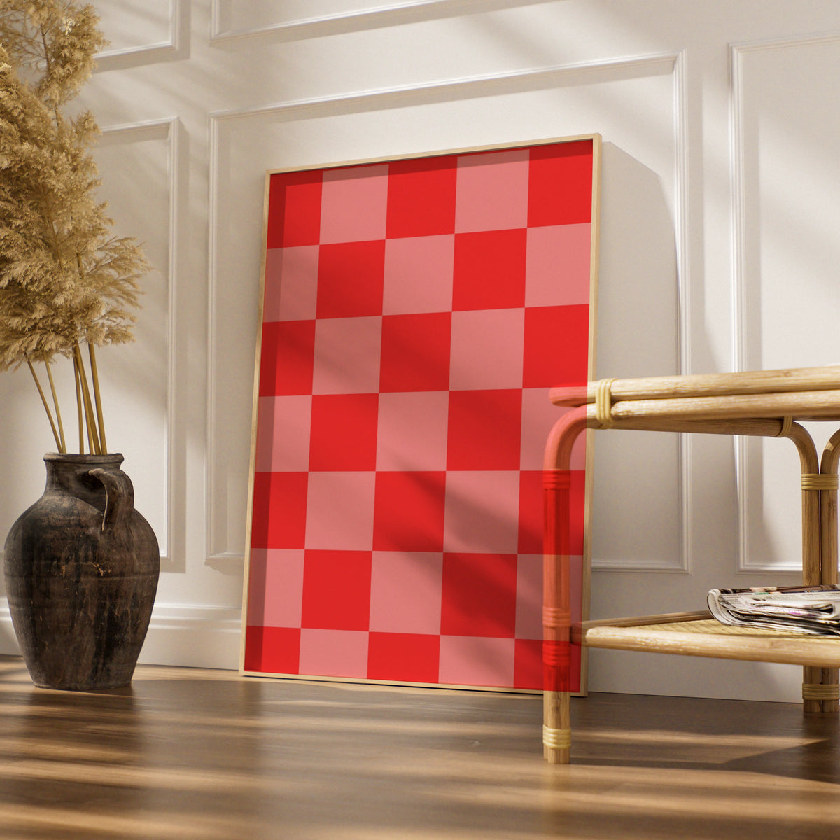 Red Checkerboard Maximalist Poster, Bold Geometric Wall Art, Modern Grid Print