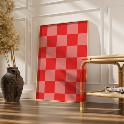 Red Checkerboard Maximalist Poster, Bold Geometric Wall Art, Modern Grid Print