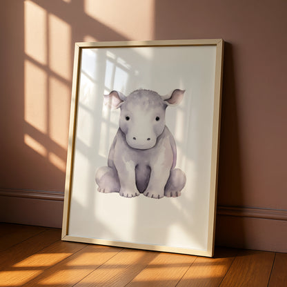 Baby Hippo Nursery Wall Art, Cute Watercolour Hippopotamus Print, Safari Animal Poster