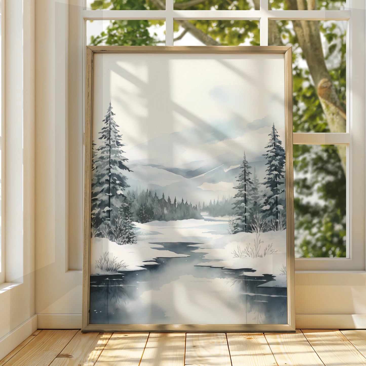 Christmas Winter Landscape Poster, Snowy Forest Pine Trees, Watercolour Wall Art Print