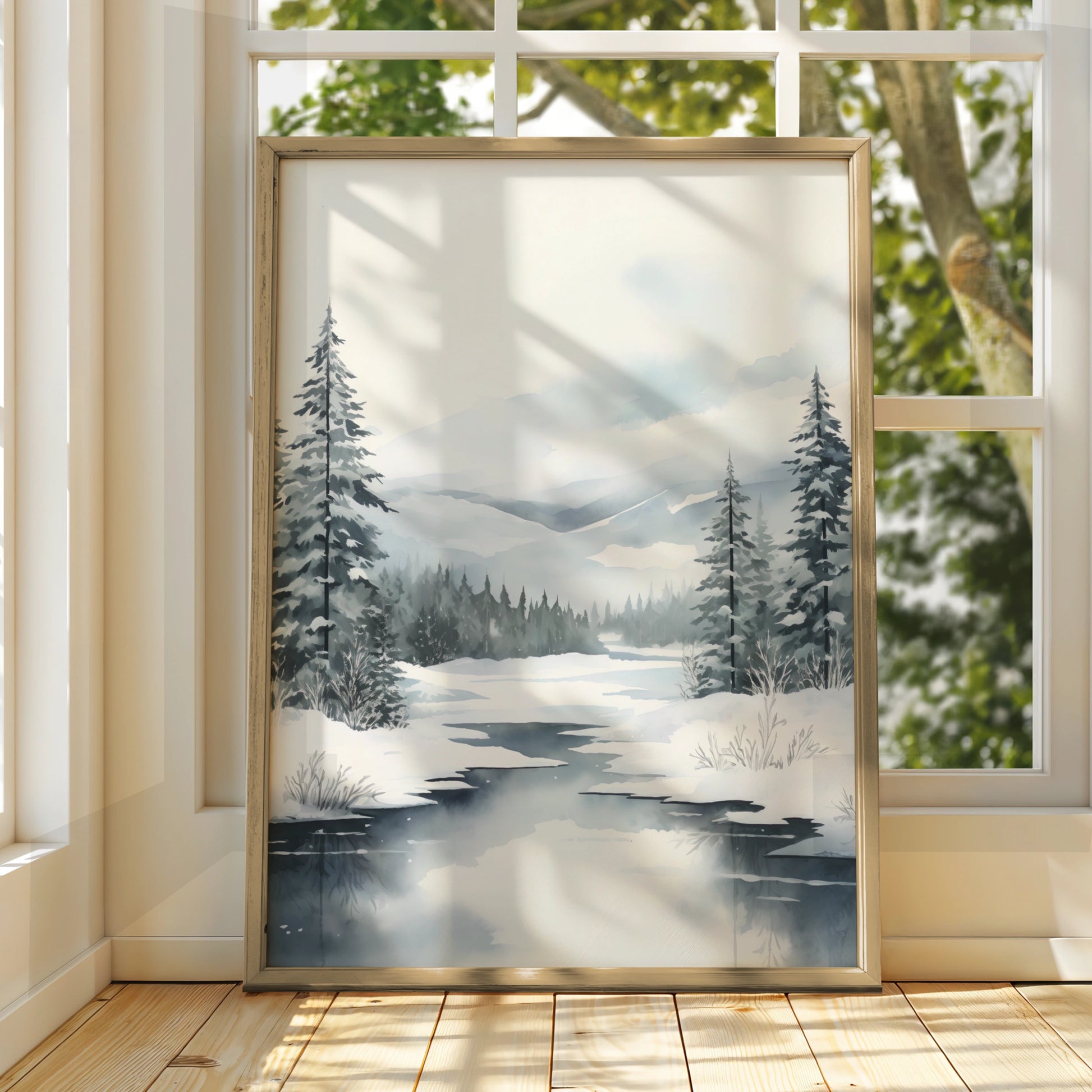 Christmas Winter Landscape Poster, Snowy Forest Pine Trees, Watercolour Wall Art Print
