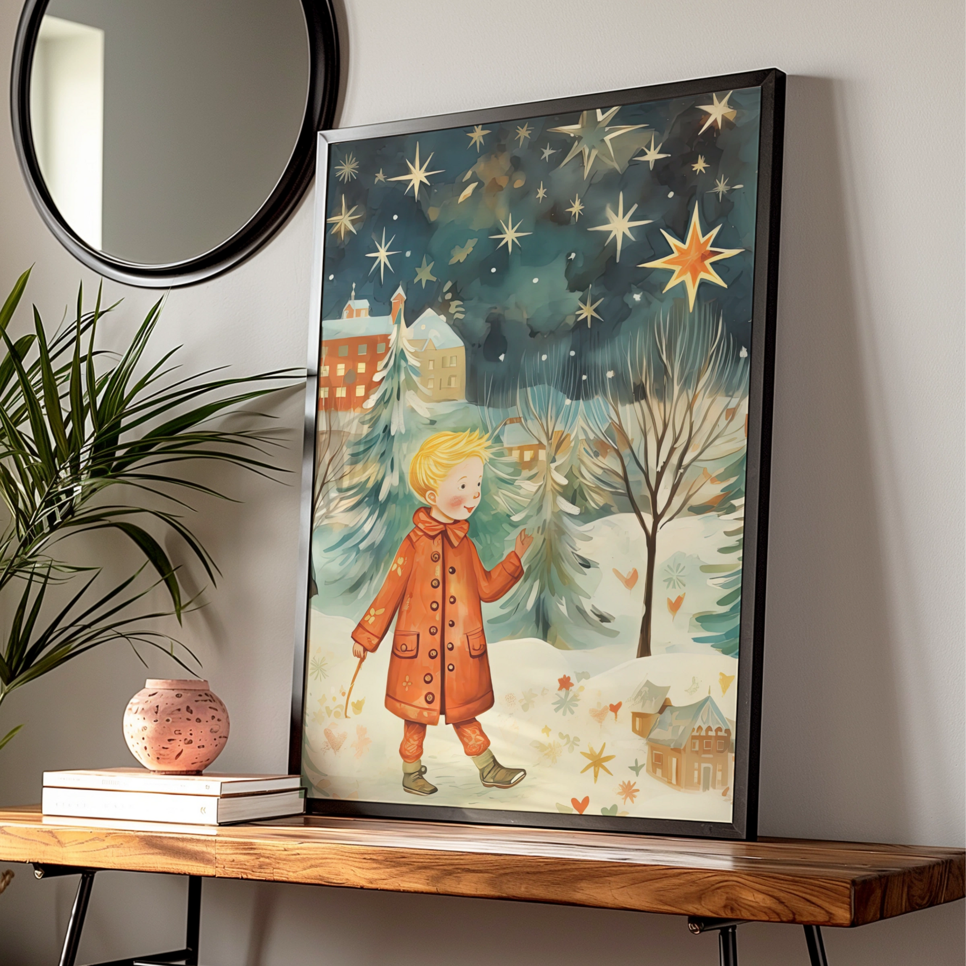 Christmas Poster Boy in Snow, Festive Winter Stars Wall Art, Whimsical Holiday Print for Kids