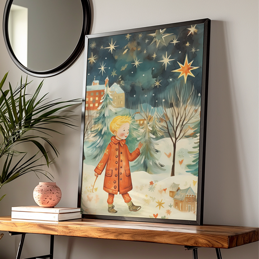 Christmas Poster Boy in Snow, Festive Winter Stars Wall Art, Whimsical Holiday Print for Kids