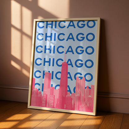 Chicago Travel Poster, Retro City Wall Art, USA Skyline Print, Blue Pink Illinois Decor