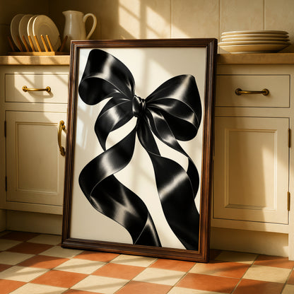 Black Satin Ribbon Bow Print, Monochrome Wall Art, Minimalist Poster, Modern Wall Decor