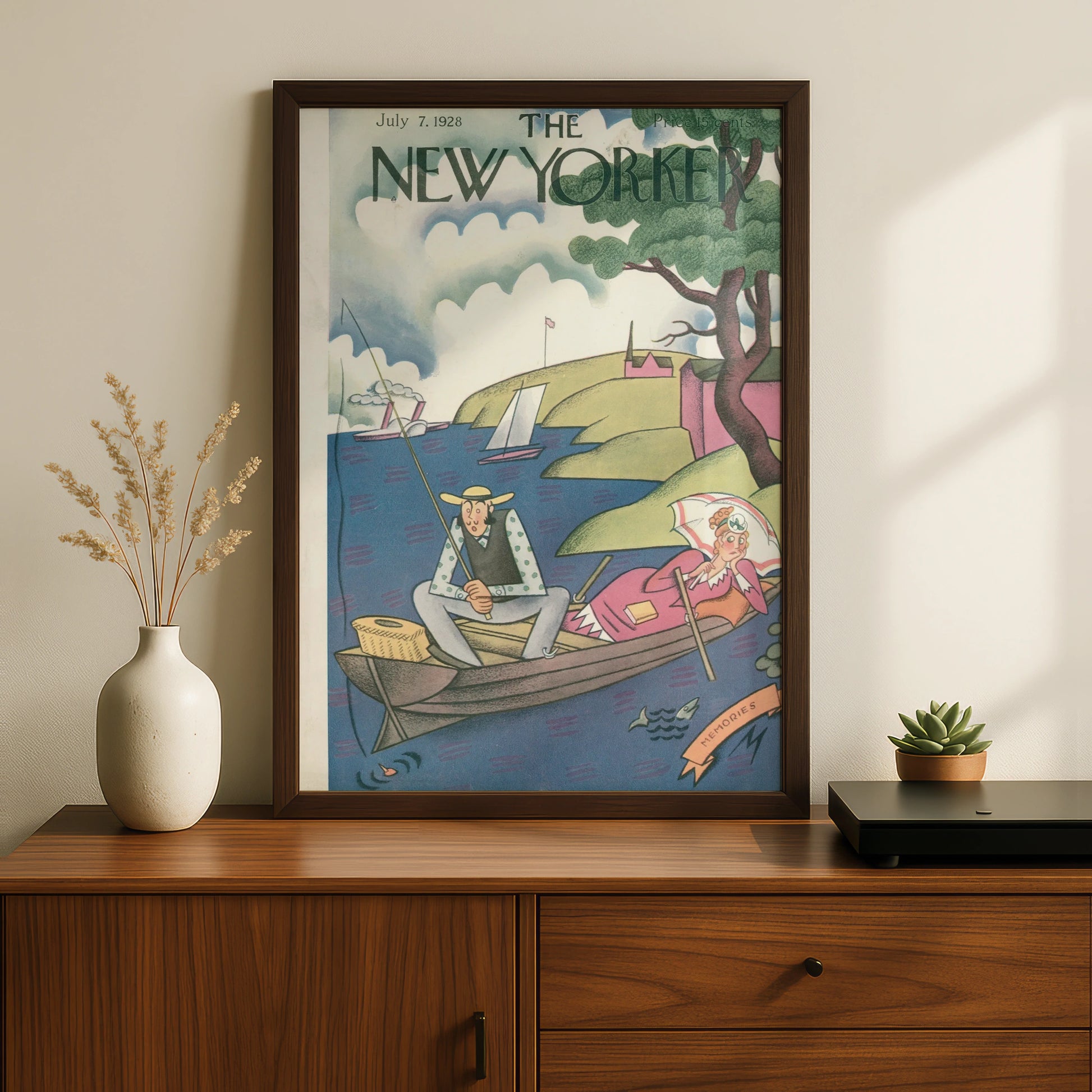 New Yorker 1928 Vintage Cover Poster, Fishing Boat Couple, Retro Wall Art Print