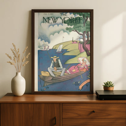 New Yorker 1928 Vintage Cover Poster, Fishing Boat Couple, Retro Wall Art Print