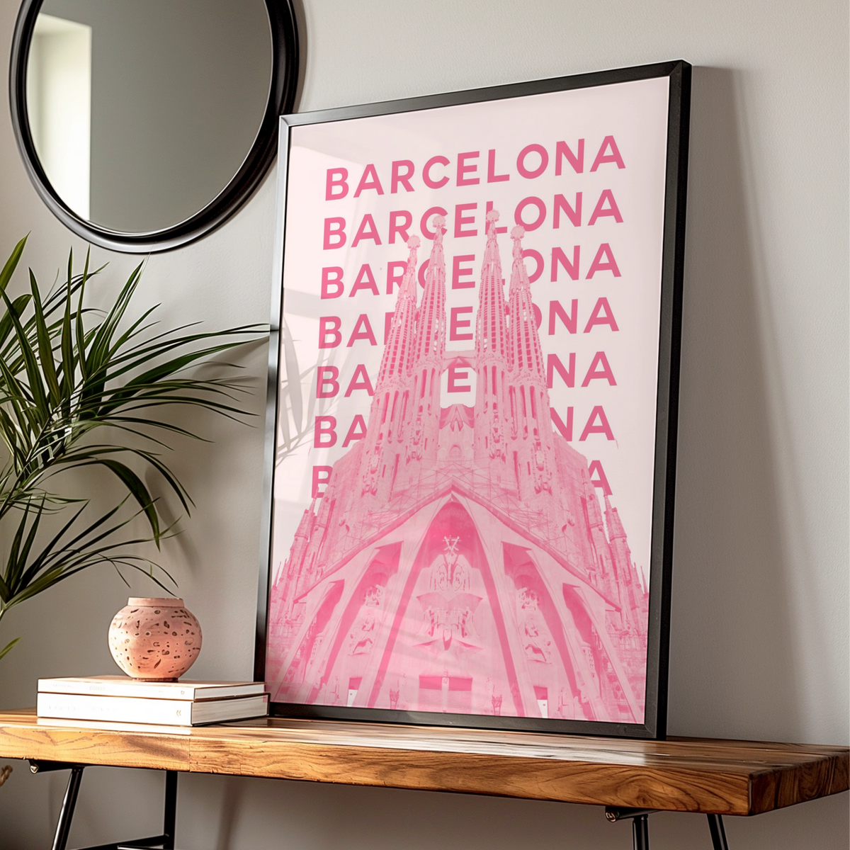 Barcelona Travel Poster Spain Wall Art, Retro Pink Architecture Print, Unique City Decor
