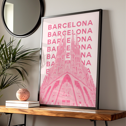 Barcelona Travel Poster Spain Wall Art, Retro Pink Architecture Print, Unique City Decor