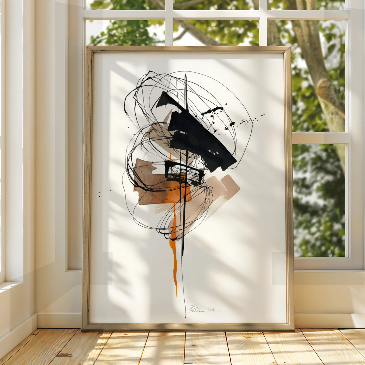 Modern Abstract Wall Art, Black Orange Ink Print, Contemporary Monochrome Poster, Gallery Wall Decor