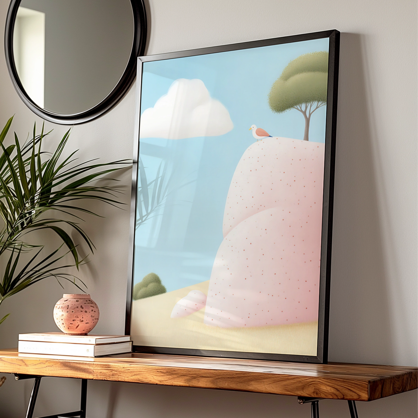 Bird on Pink Rock Nursery Wall Art, Whimsical Nature Print, Pastel Baby Room Poster