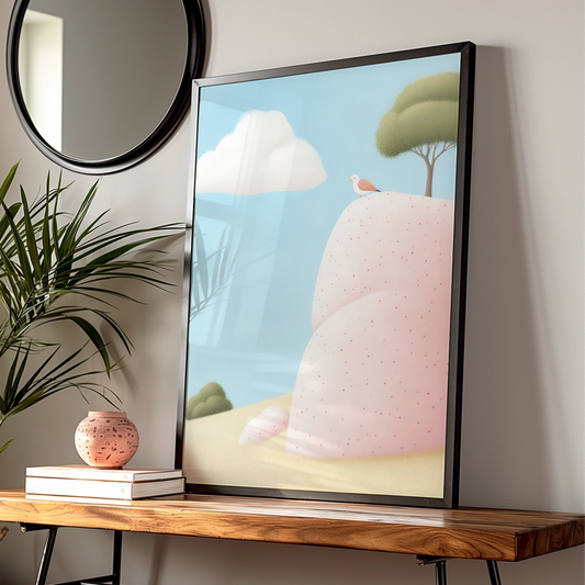 Bird on Pink Rock Nursery Wall Art, Whimsical Nature Print, Pastel Baby Room Poster