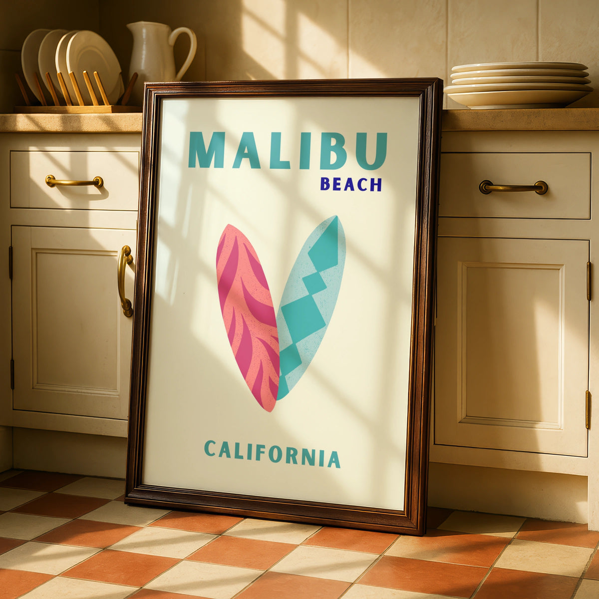 Malibu Beach California Travel Poster, Retro Surf Wall Art, Coastal Print Gift