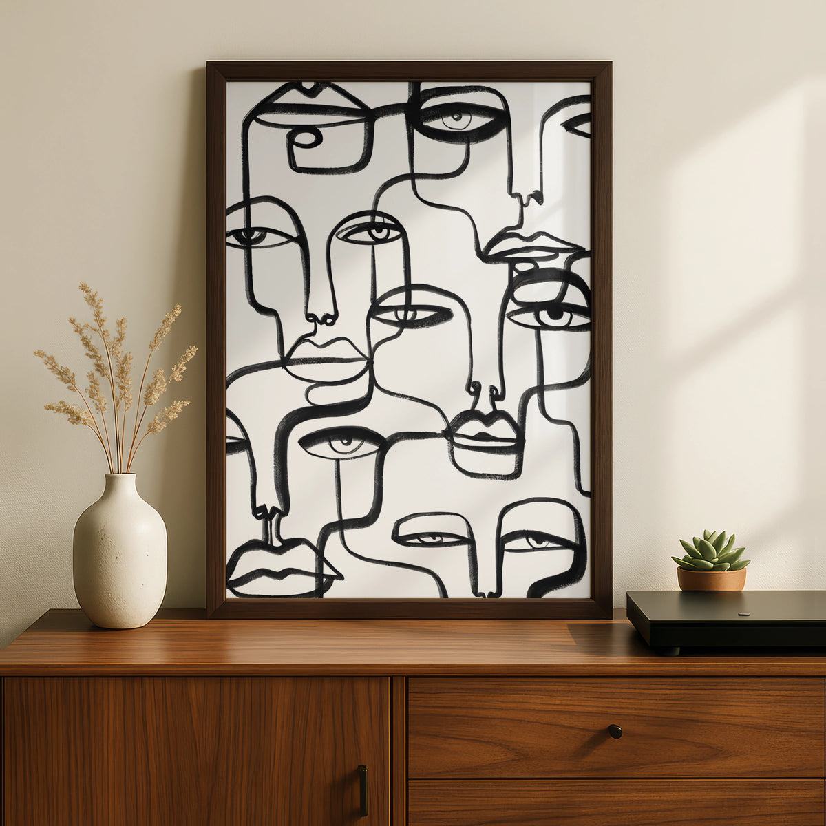 Abstract Faces Line Art, Black and White Poster, Monochrome Wall Art, Modern Minimalist Print