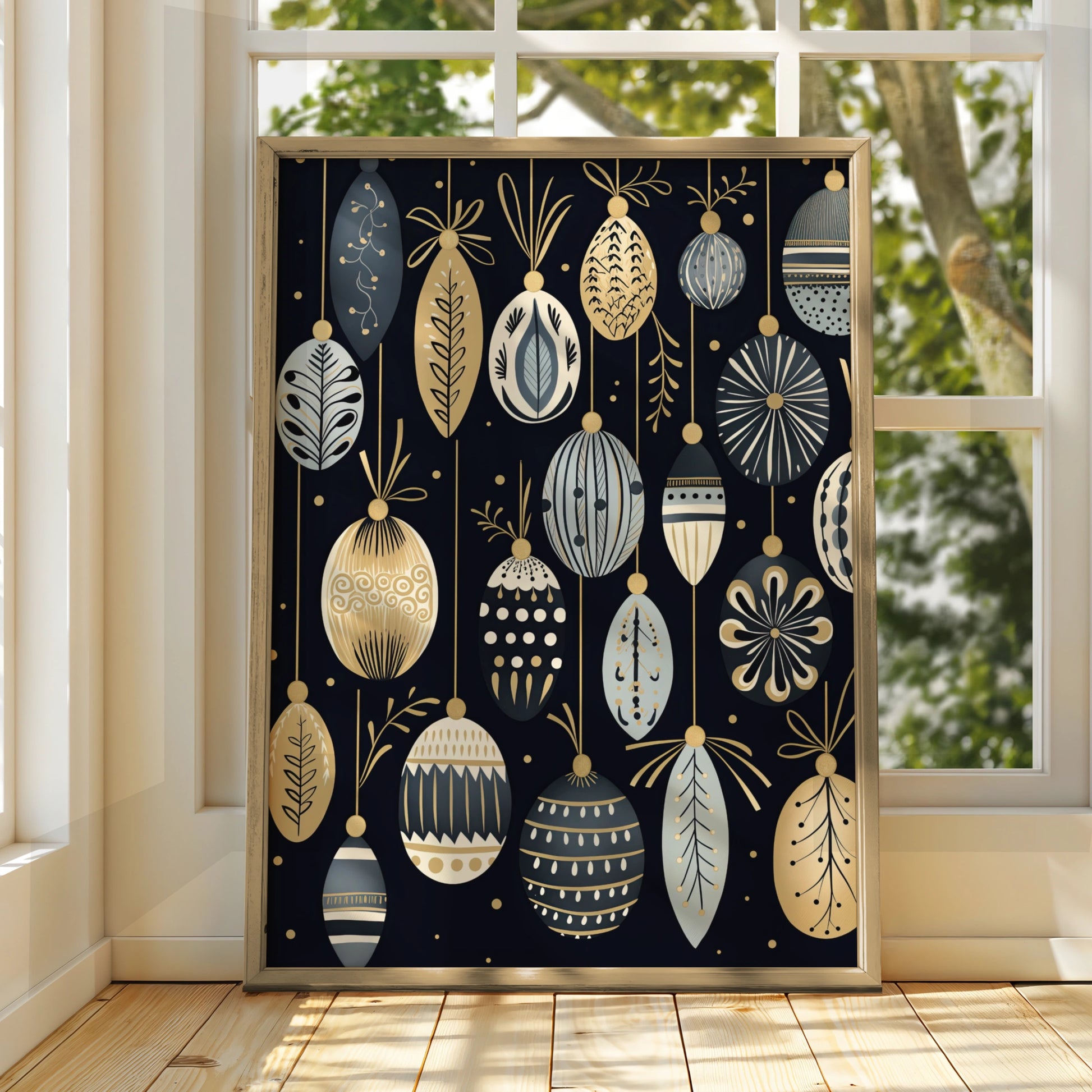 Christmas Baubles Poster, Black Gold Festive Wall Art, Ornament Print, Scandi Xmas Decor