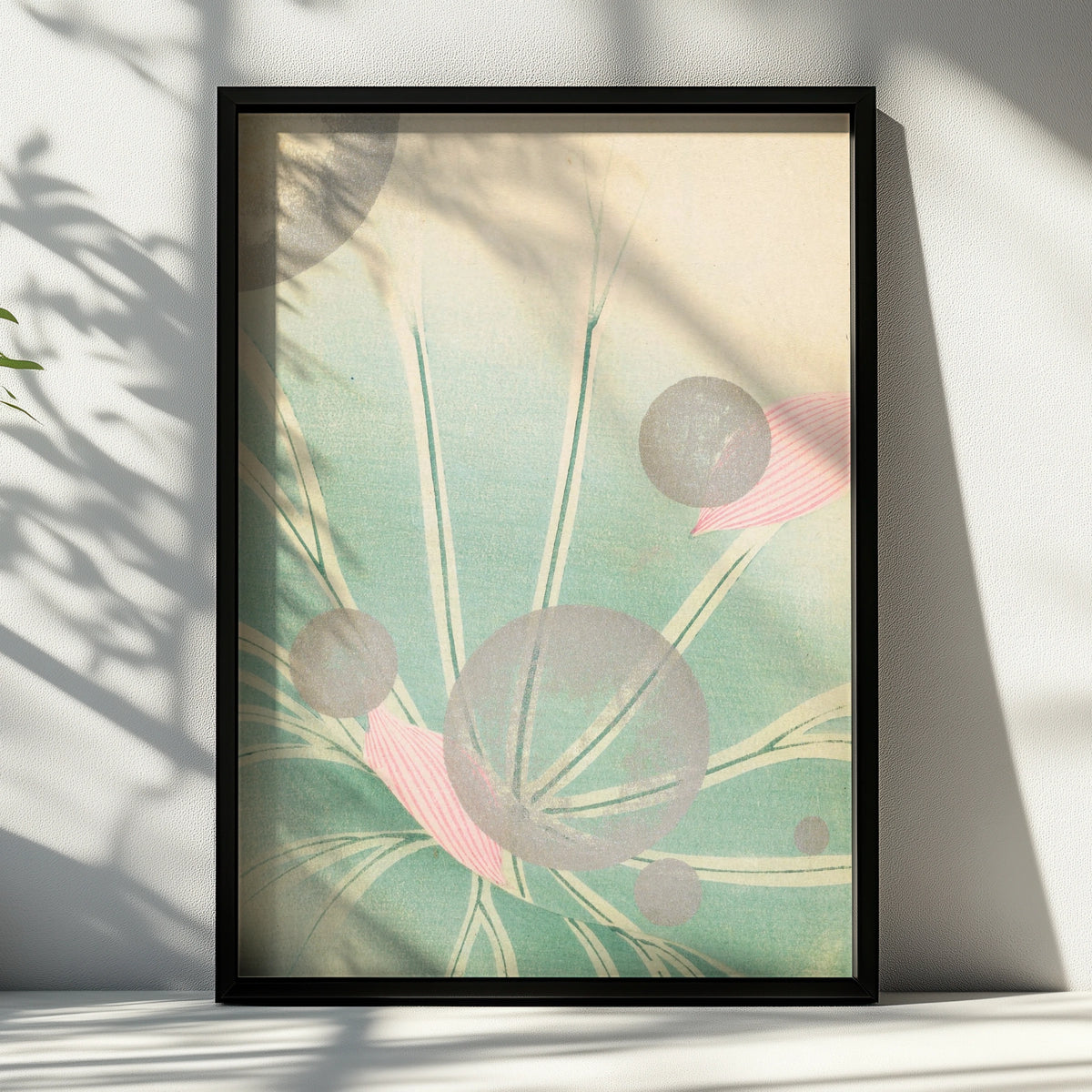 Japanese Sage Green Botanical Print, Vintage Woodblock Floral Wall Art, Japandi Poster – A4 Black frame