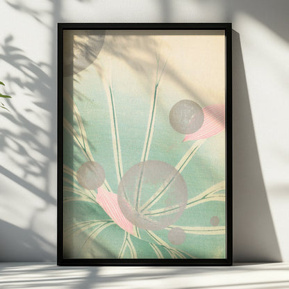 Japanese Sage Green Botanical Print, Vintage Woodblock Floral Wall Art, Japandi Poster – A4 Black frame