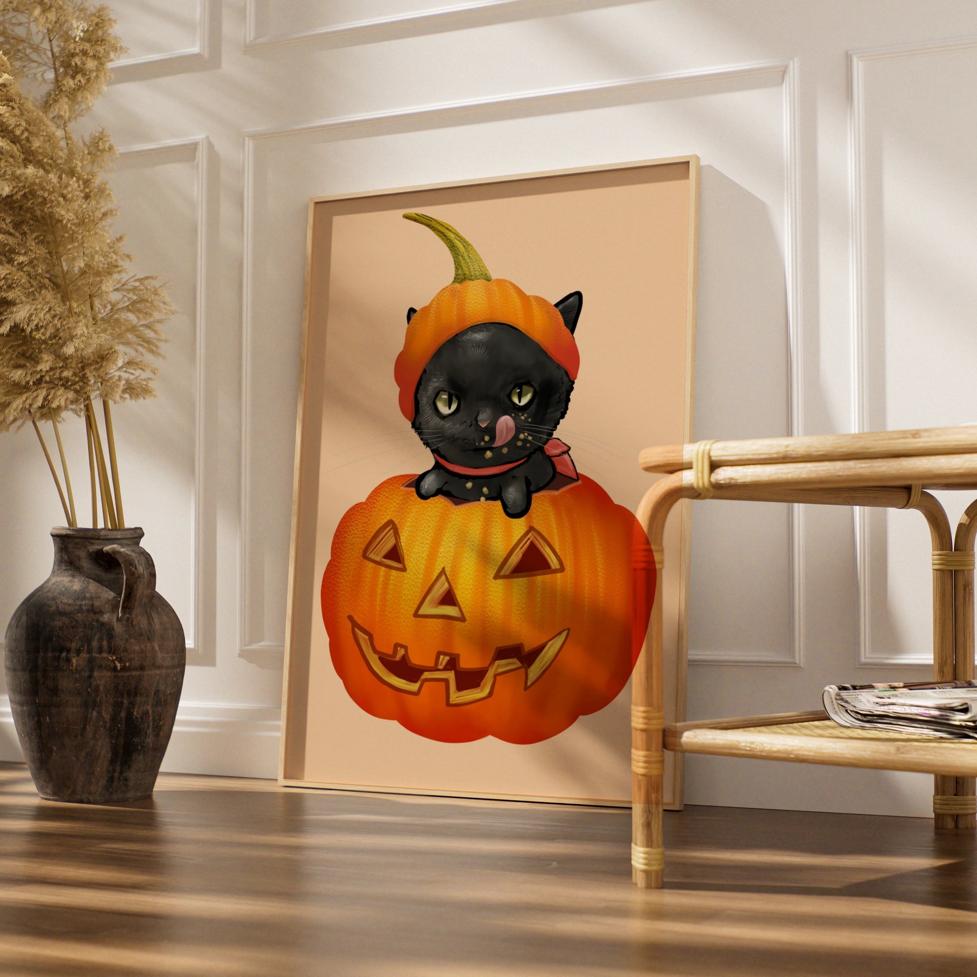 Halloween Black Cat Pumpkin Poster, Jack-o-Lantern Wall Art, Cute Spooky Cat Print