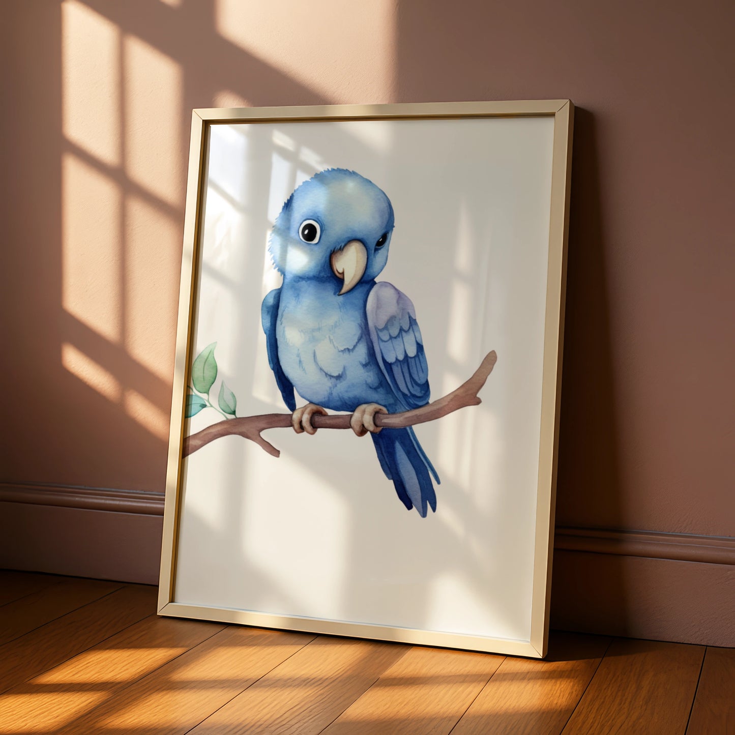 Blue Parrot Nursery Wall Art, Watercolour Bird Print, Baby Boy Room Poster Decor