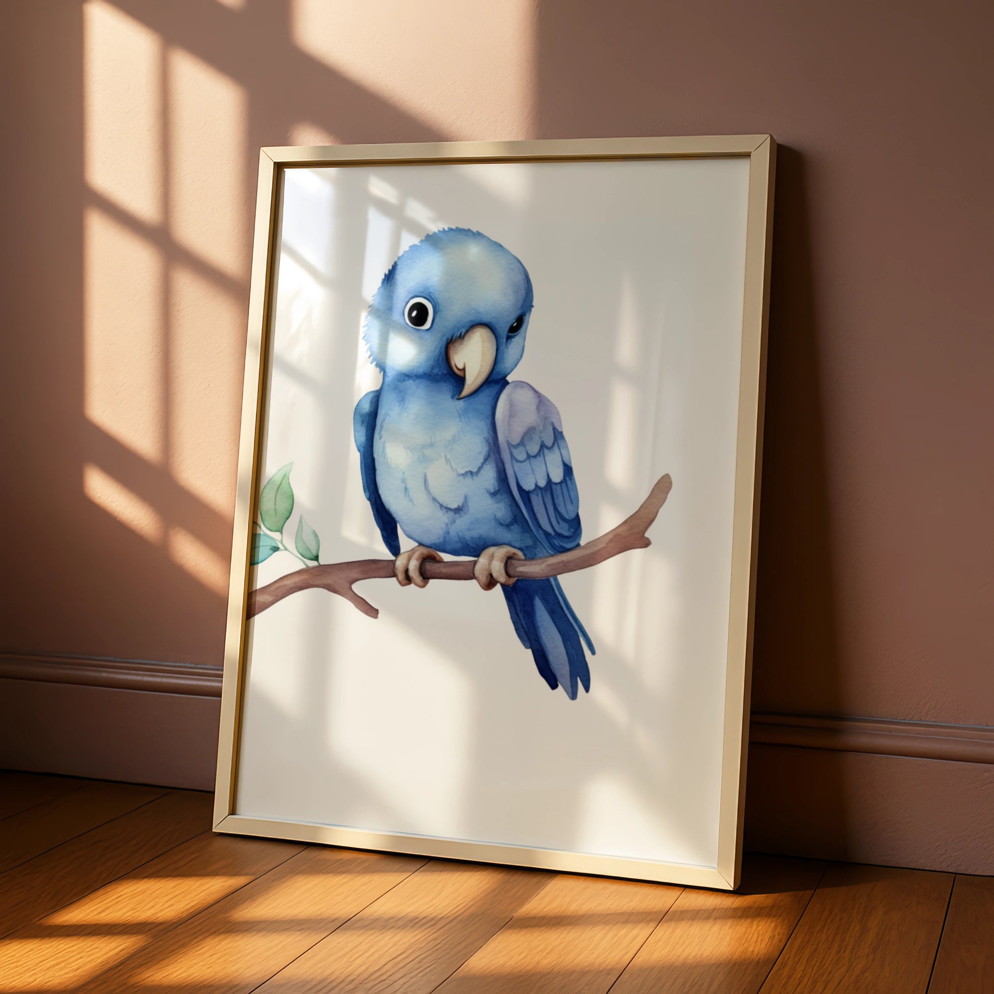 Blue Parrot Nursery Wall Art, Watercolour Bird Print, Baby Boy Room Poster Decor