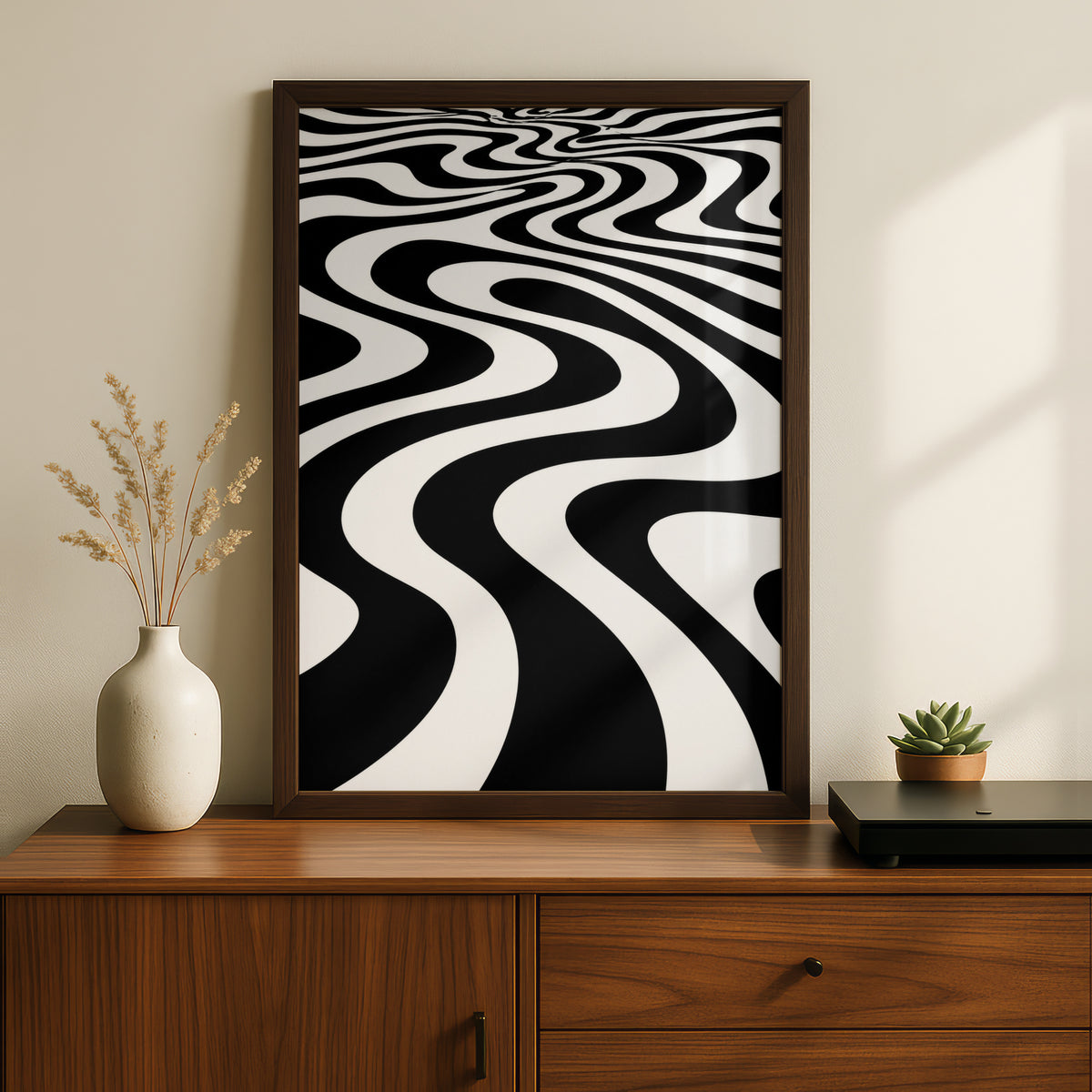 Monochrome Wave Abstract Poster, Black and White Optical Art Print, Modern Wall Decor