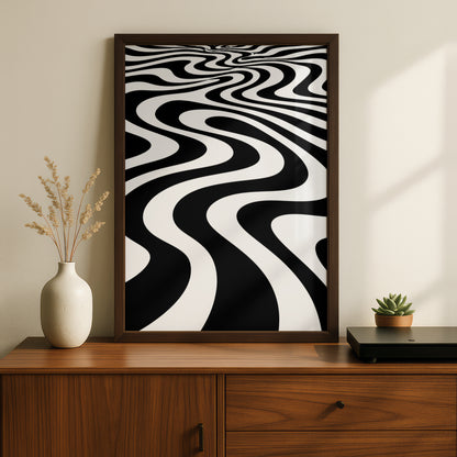Monochrome Wave Abstract Poster, Black and White Optical Art Print, Modern Wall Decor