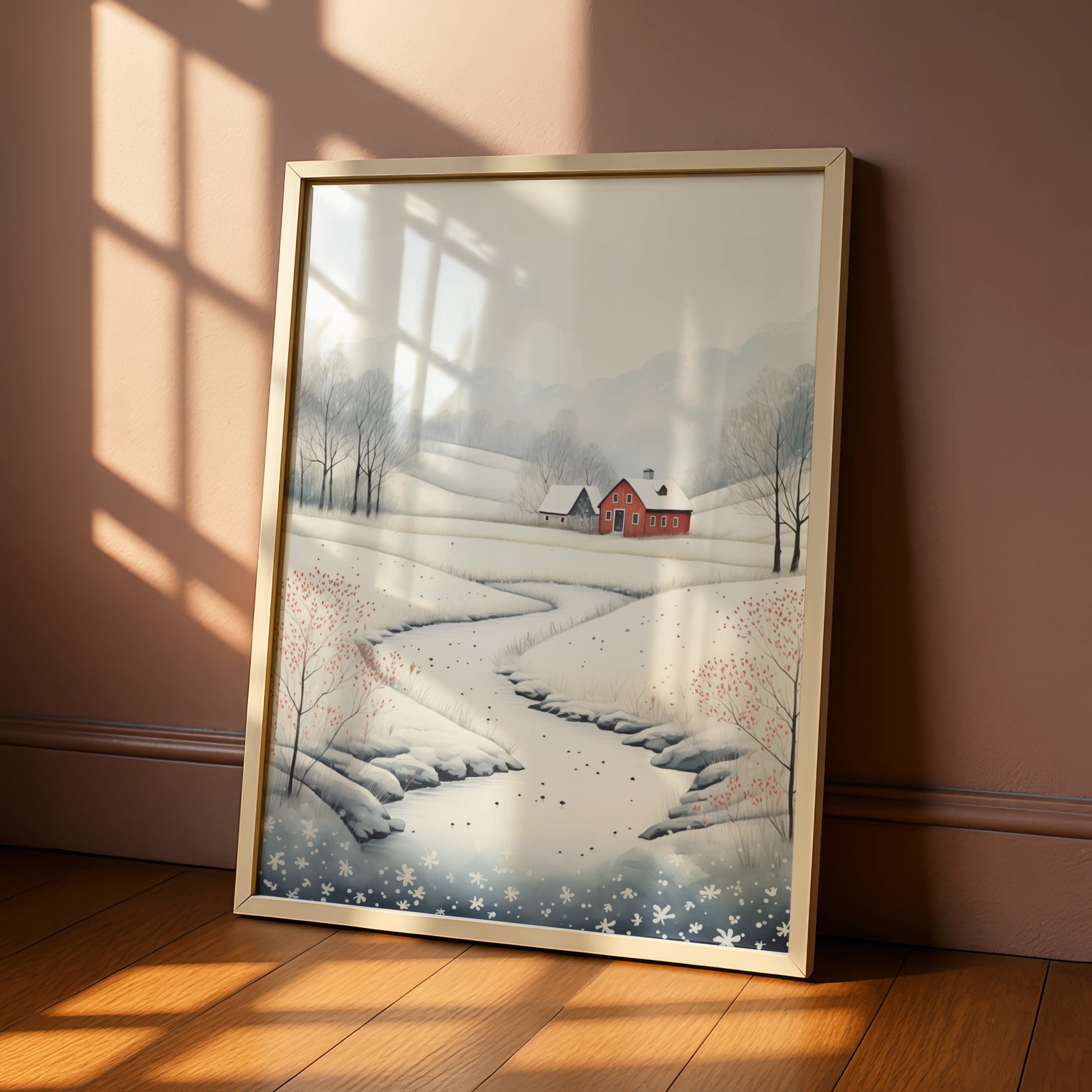 Christmas Winter Landscape Poster, Snowy Red Farmhouse Wall Art, Scandi Style Xmas Print