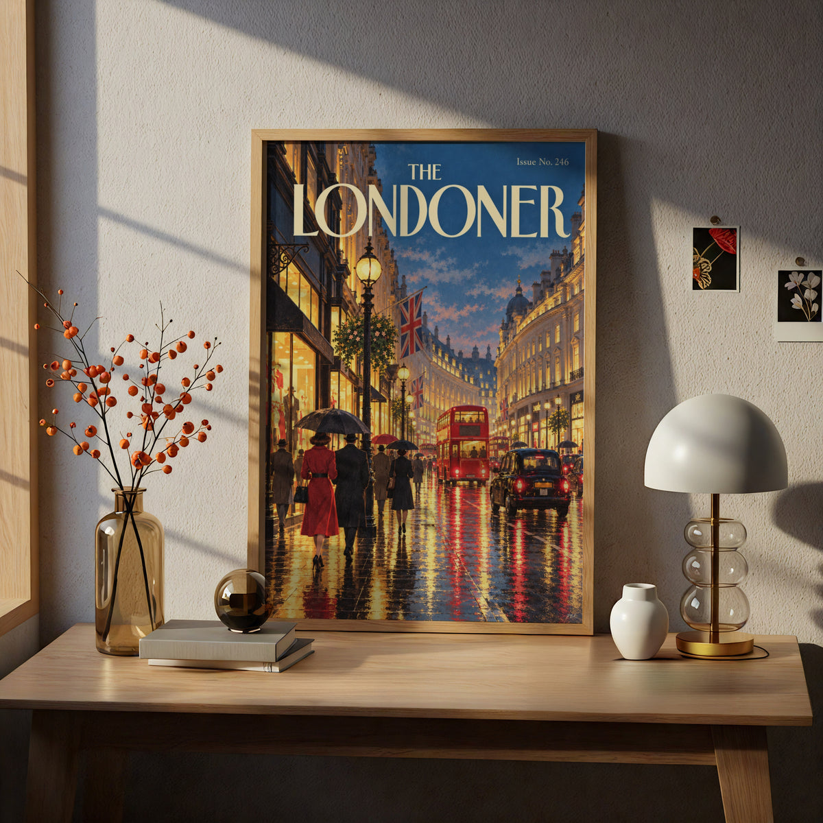 The Londoner Poster, London Street Wall Art, Rainy Evening Art Print, Red Bus Black Cab