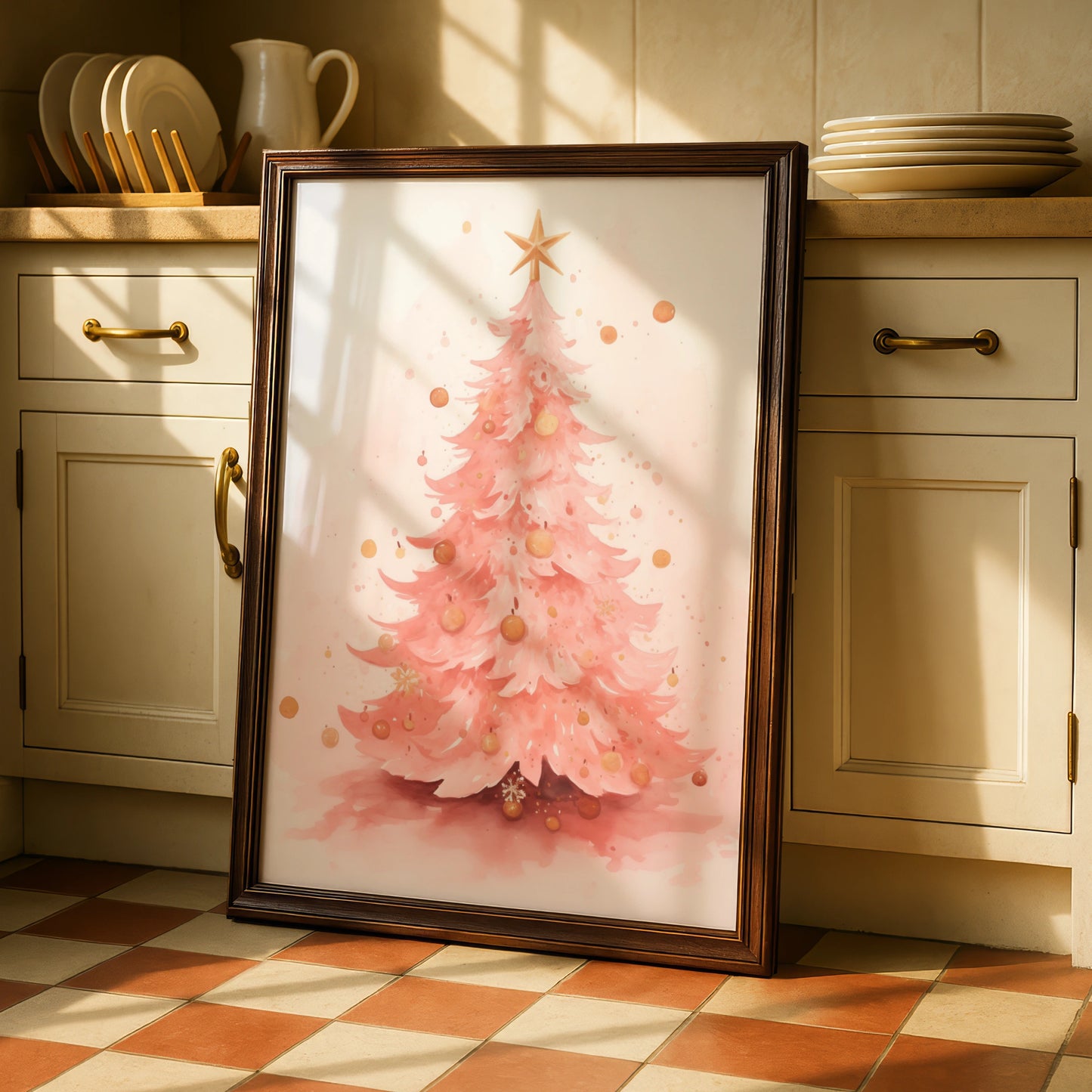 Pink Christmas Tree Poster, Watercolour Xmas Wall Art, Gold Star Festive Print