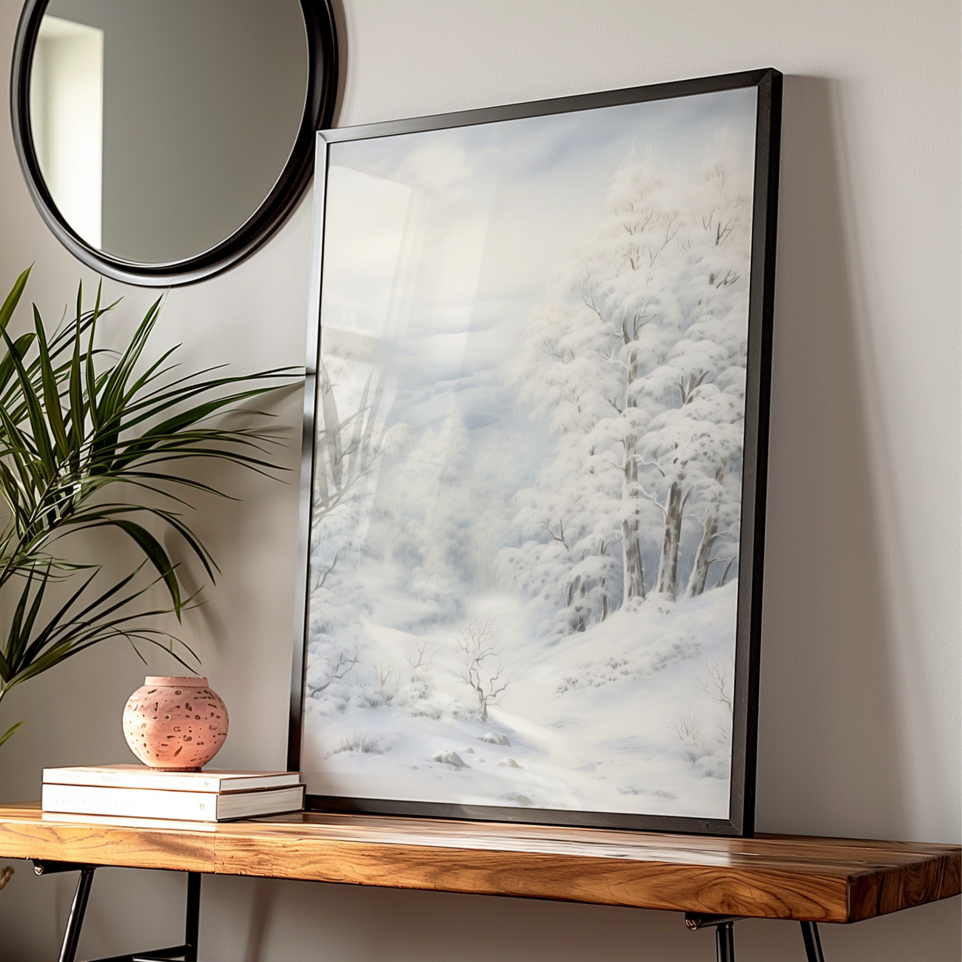 Winter Snow Forest Christmas Poster, Snowy Landscape Wall Art, Serene White Trees Print