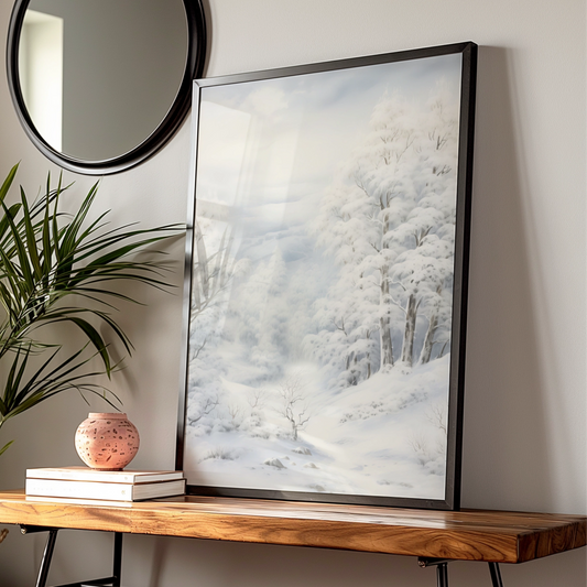 Winter Snow Forest Christmas Poster, Snowy Landscape Wall Art, Serene White Trees Print