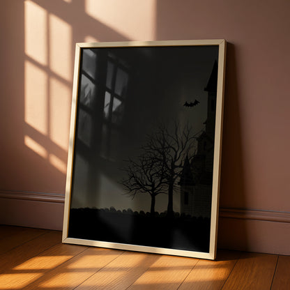 Halloween Haunted House Poster, Full Moon Bats Spooky Wall Art, Dark Gothic Print