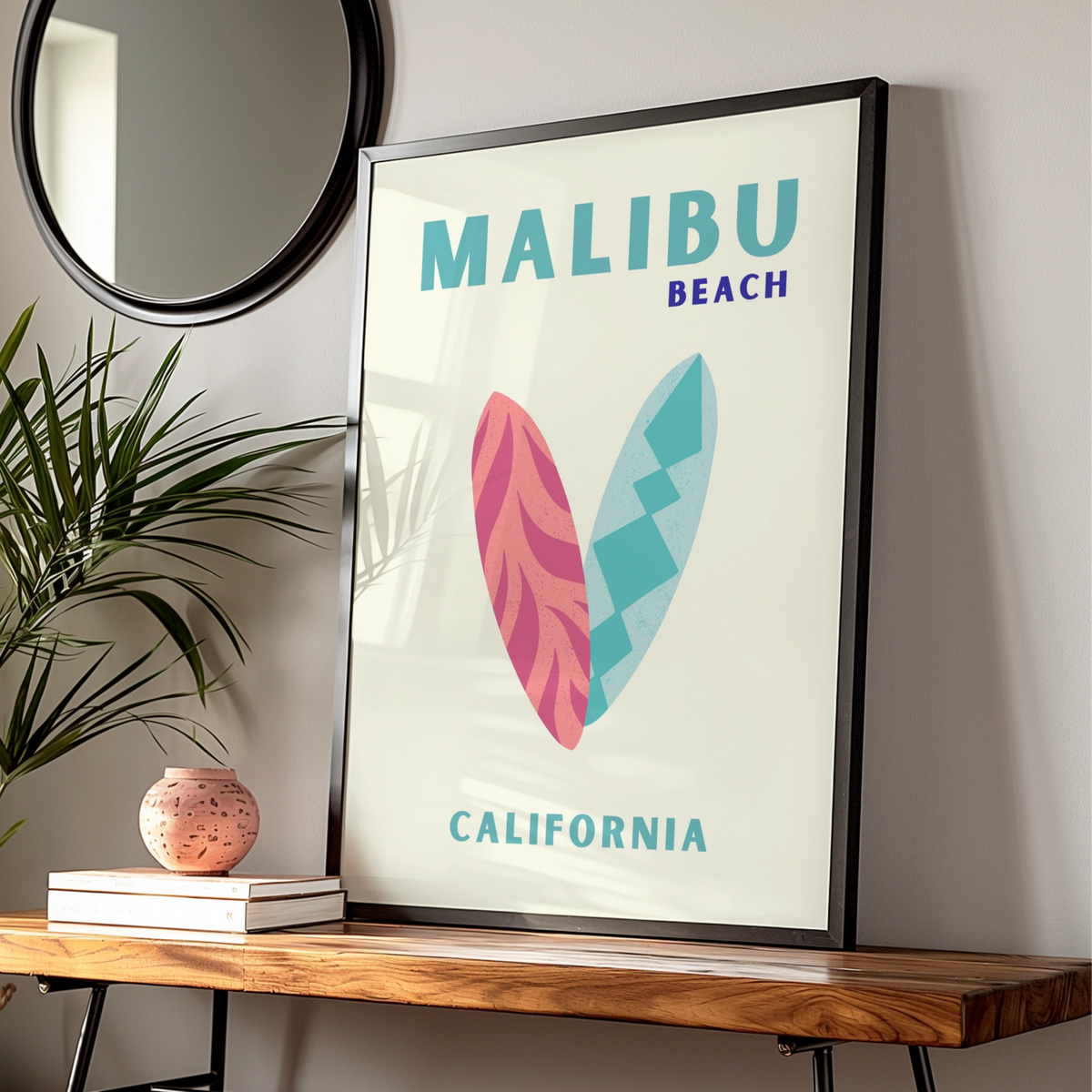 Malibu Beach California Travel Poster, Retro Surf Wall Art, Coastal Print Gift