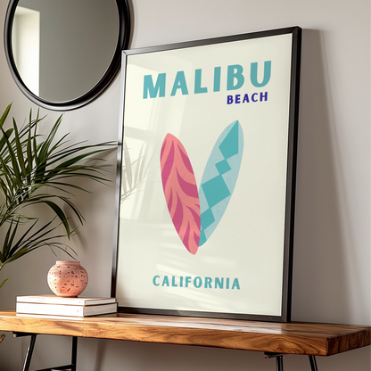 Malibu Beach California Travel Poster, Retro Surf Wall Art, Coastal Print Gift