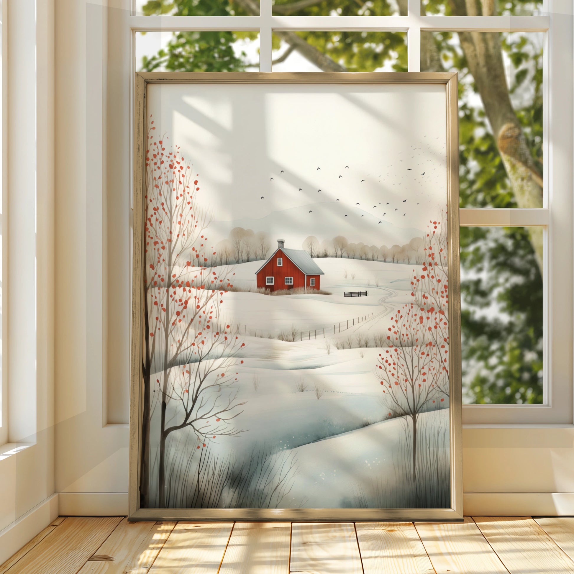 Christmas Winter Landscape Poster, Red Barn Snow Scene, Scandi Farmhouse Wall Art Print