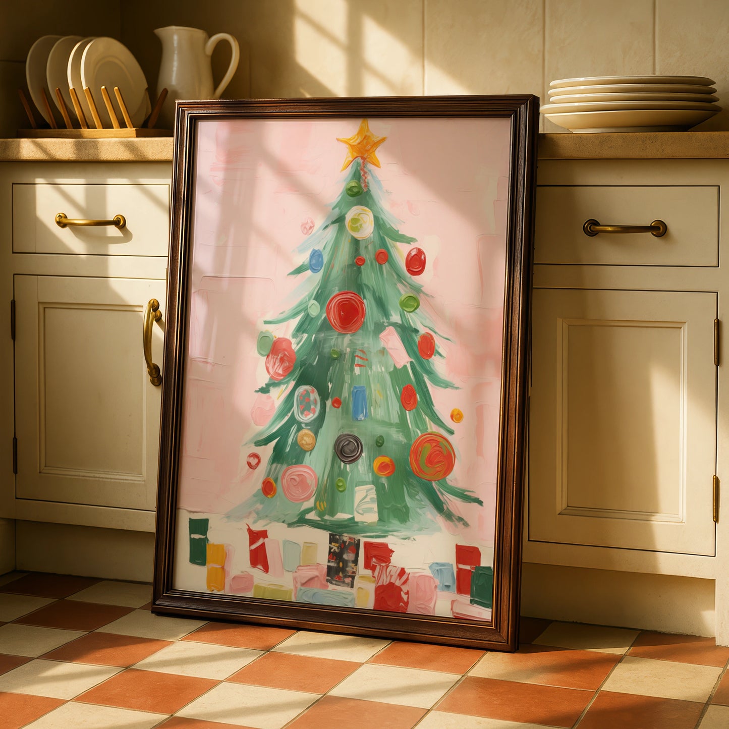 Christmas Tree Poster, Colourful Baubles Pink Wall Art, Festive Holiday Print, Xmas Gallery Decor