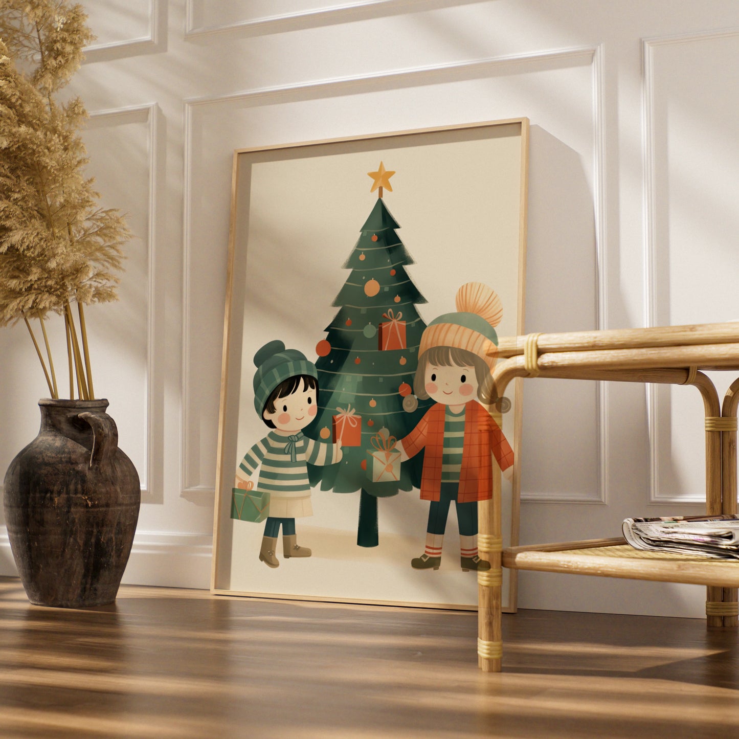 Christmas Poster Children Tree Gifts, Cute Kids Xmas Wall Art, Festive Holiday Print