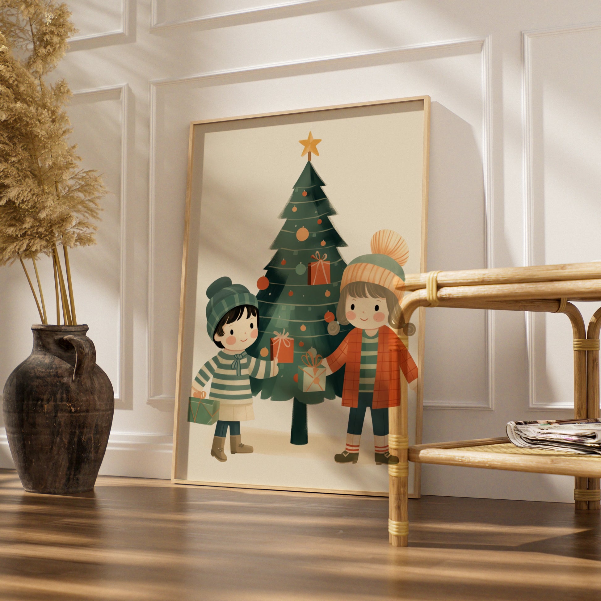 Christmas Poster Children Tree Gifts, Cute Kids Xmas Wall Art, Festive Holiday Print