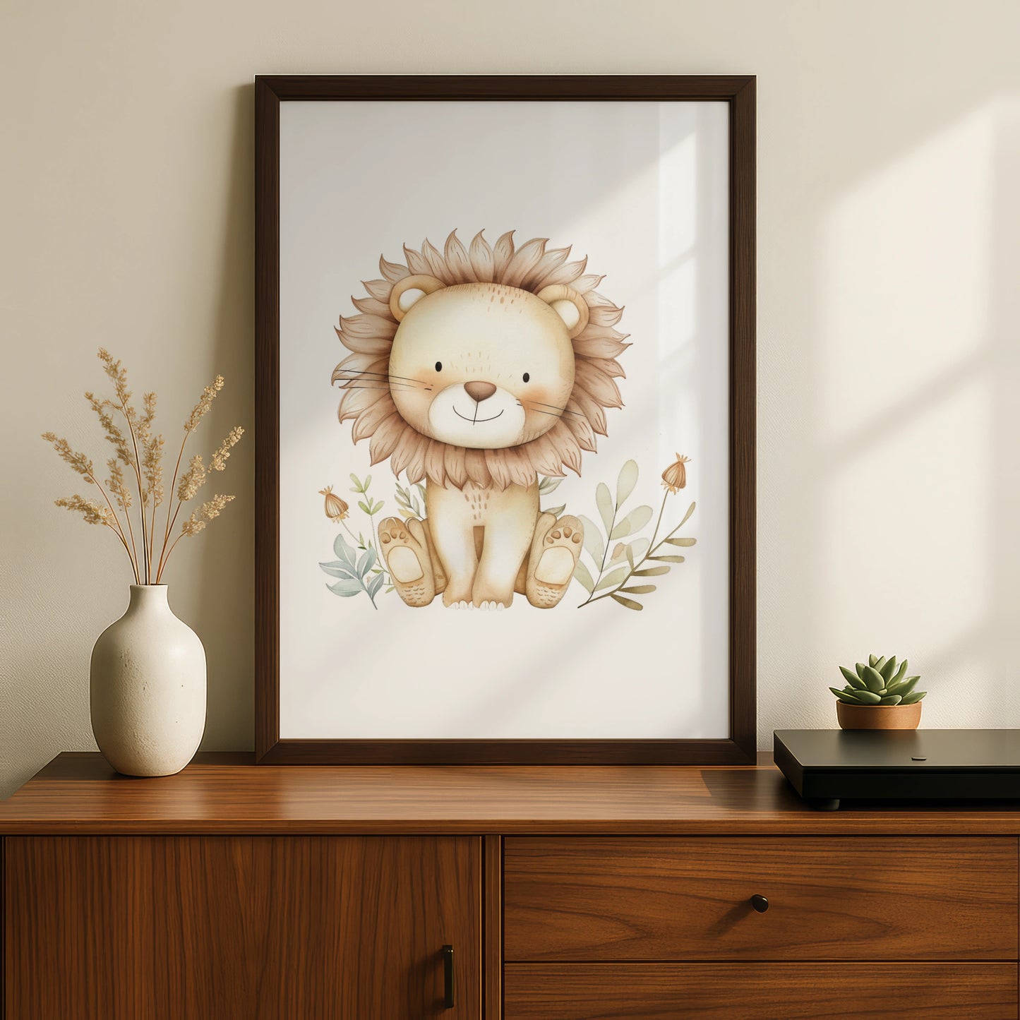 Cute Lion Nursery Wall Art, Watercolour Safari Baby Poster, Boho Animal Print for Kids Room