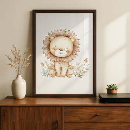 Cute Lion Nursery Wall Art, Watercolour Safari Baby Poster, Boho Animal Print for Kids Room