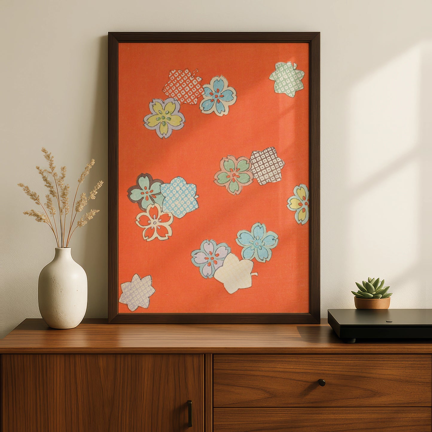 Vintage Japanese Sakura Floral Print, Orange Woodblock Wall Art, Japandi Poster – A5 Black frame