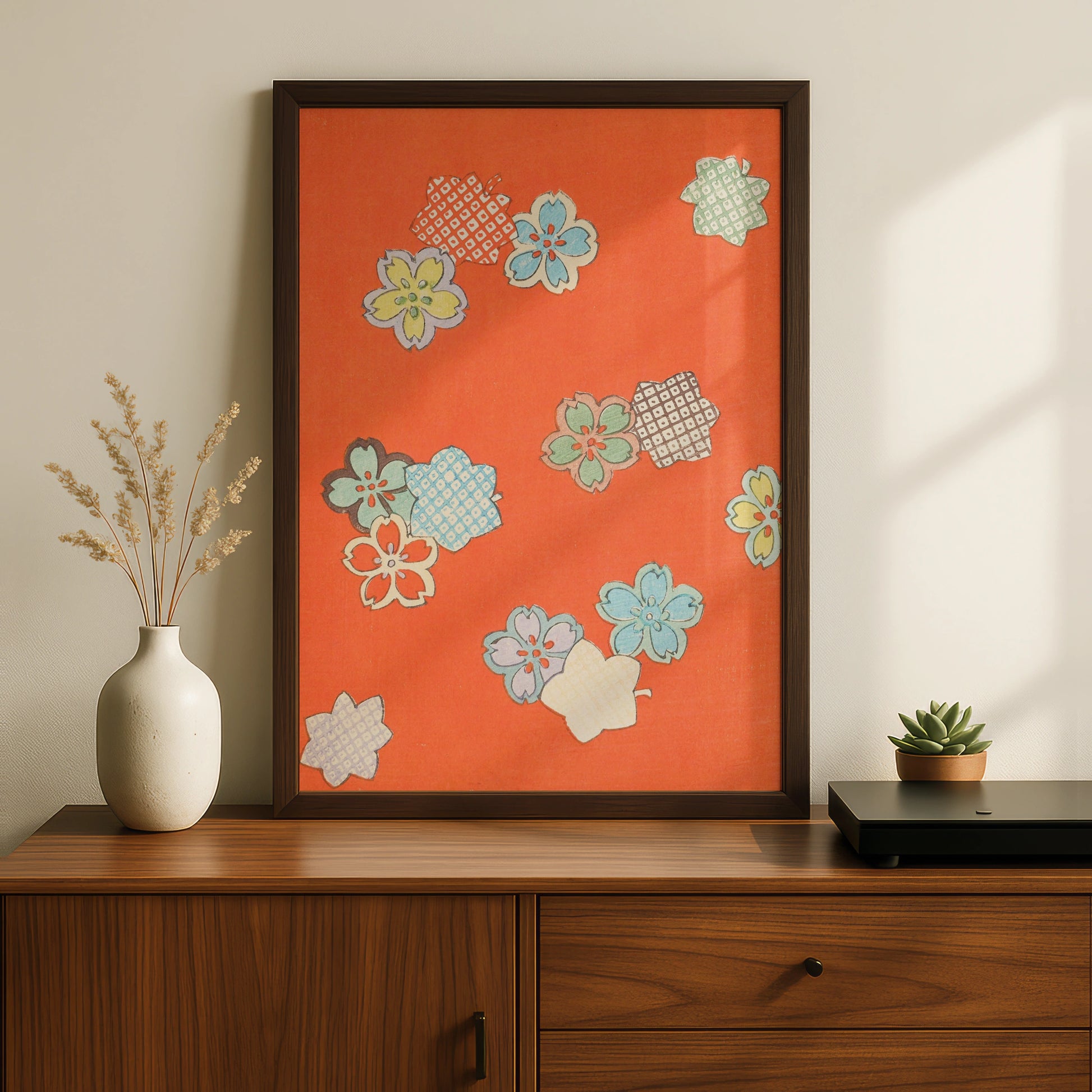 Vintage Japanese Sakura Floral Print, Orange Woodblock Wall Art, Japandi Poster – A5 Black frame