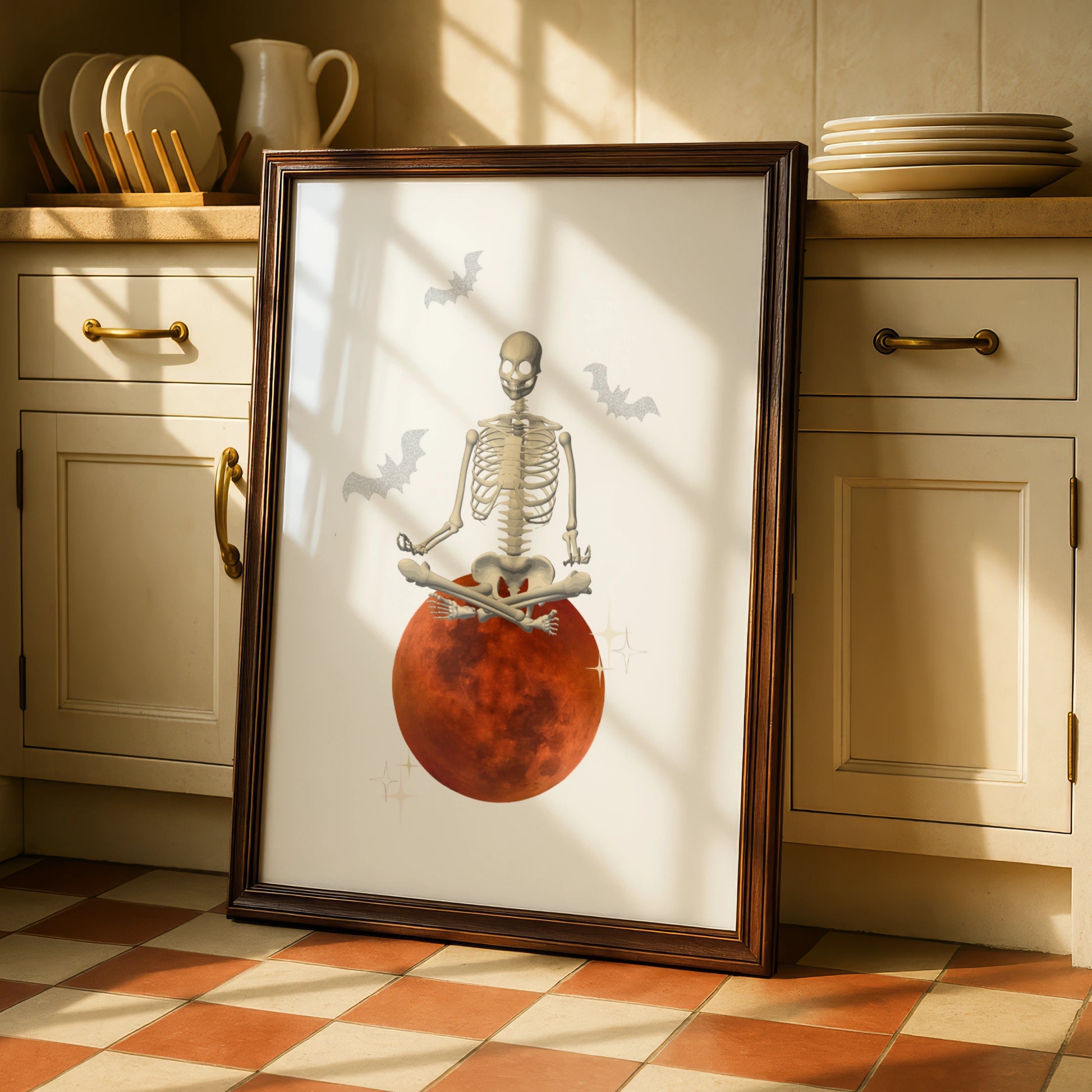 Halloween Skeleton Meditation Poster, Blood Moon Wall Art, Spooky Yoga Print, Bats Decor