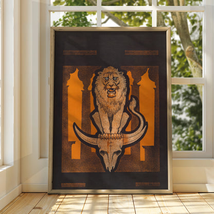 Halloween Lion Skull Art Print, Dark Gothic Poster, Orange Black Occult Wall Art
