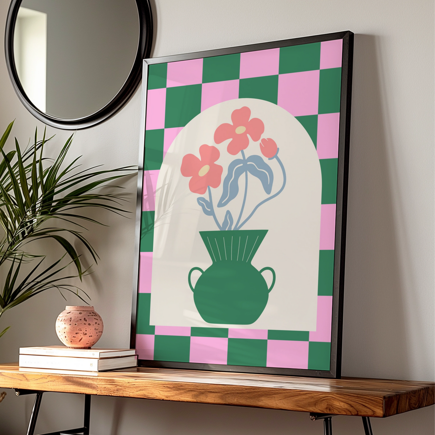 Maximalist Floral Vase Poster, Bold Checkerboard Wall Art, Pink Green Flower Print