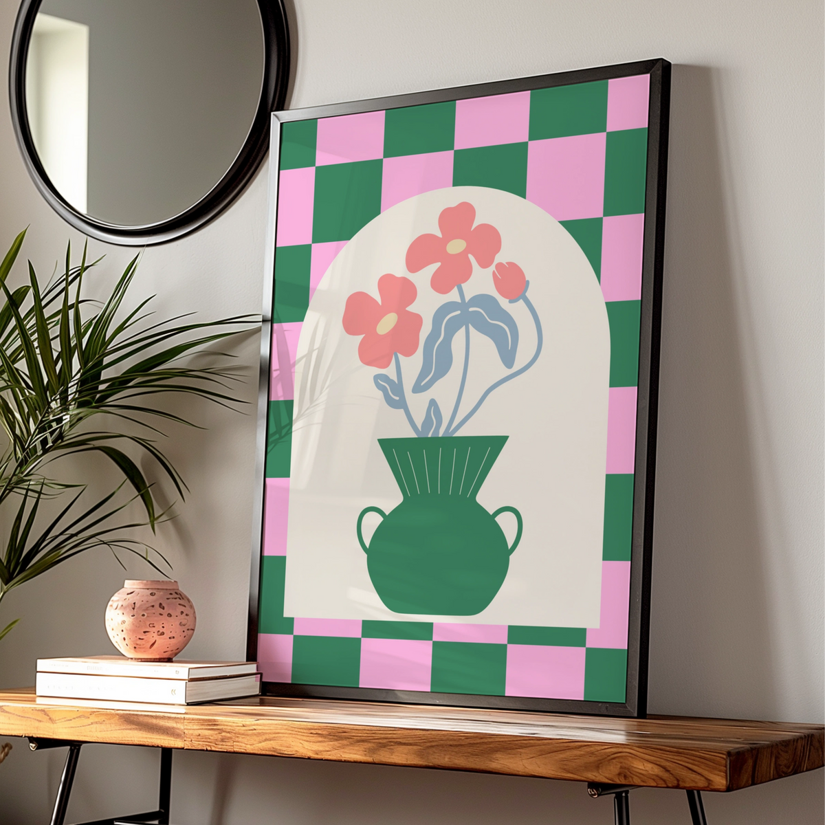 Maximalist Floral Vase Poster, Bold Checkerboard Wall Art, Pink Green Flower Print