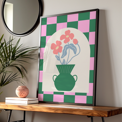 Maximalist Floral Vase Poster, Bold Checkerboard Wall Art, Pink Green Flower Print