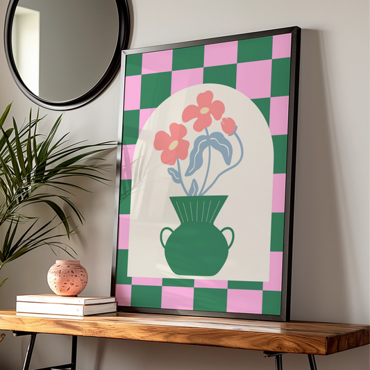 Maximalist Floral Vase Poster, Bold Checkerboard Wall Art, Pink Green Flower Print