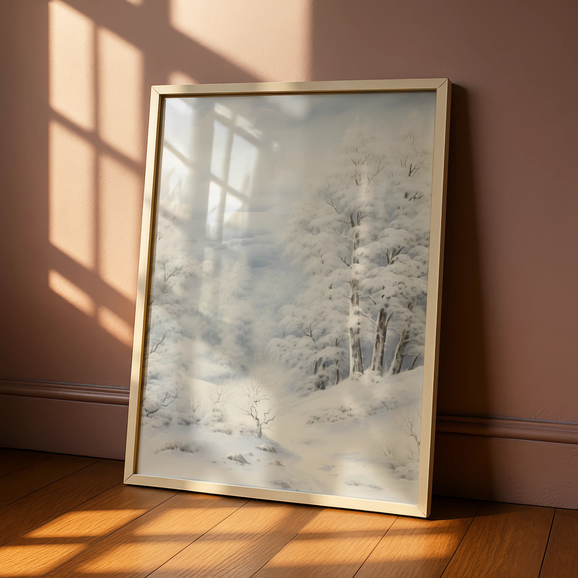 Winter Snow Forest Christmas Poster, Snowy Landscape Wall Art, Serene White Trees Print